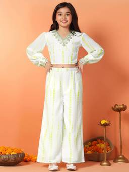 FASHION DREAM - Girls Georgette Embroidered Green Crop Top With Palazzo