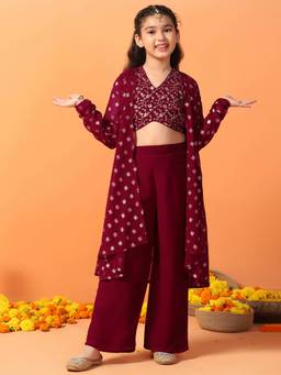 FASHION DREAM - Girls Georgette Embroidered Maroon Crop Top With Palazzo And Shrug