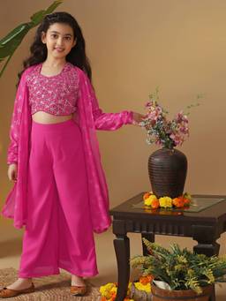 FASHION DREAM - Girls Georgette Embroidered Pink Crop Top With Palazzo And Shrug