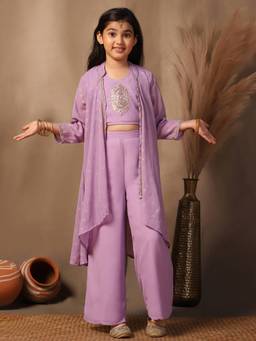 FASHION DREAM - Girls Georgette Embroidered Lavender Crop Top With Palazzo And Shrug