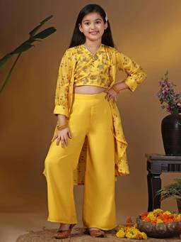 FASHION DREAM - Girls Georgette Embroidered Yellow Crop Top With Palazzo And Shrug