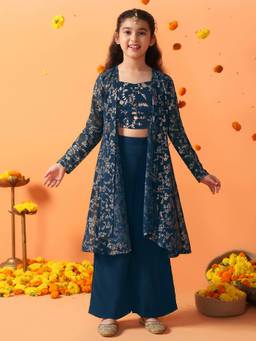 FASHION DREAM - Girls Georgette Embroidered Blue Crop Top With Palazzo And Shrug