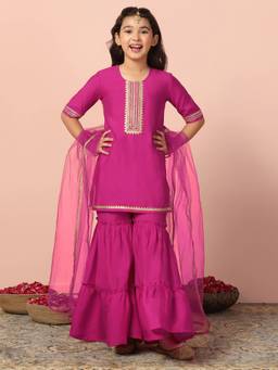 FASHION DREAM - Girls Silk Blend Embroidered Pink Kurta With Sharara And Dupatta