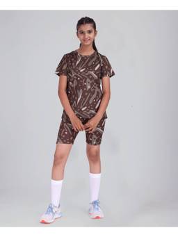 UMILDO - Girls Polyester Abstract Brown T-Shirt With Shorts