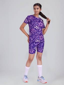 UMILDO - Girls Polyester Abstract Purple T-Shirt With Shorts