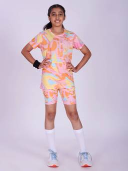 UMILDO - Girls Polyester Abstract Orange T-Shirt With Shorts