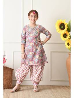 Indi-Loom Couture - Girls Pure Cotton Floral Grey Kurta With Patiala