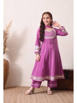 Indi-Loom Couture - Girls Pure Cotton Embroidered Purple Kurta With Pant And Dupatta