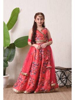 Indi-Loom Couture - Girls Silk Blend Pink Floral Lehenga With Choli And Dupatta