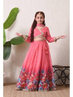 Indi-Loom Couture - Girls Floral Silk Blend Pink Lehenga With Choli And Dupatta
