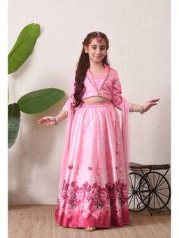Indi-Loom Couture - Girls Silk Blend Floral Pink Lehenga With Choli And Dupatta