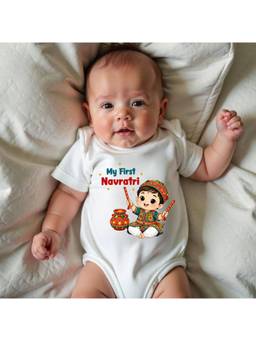 KNITROOT - Unisex Cotton Round Neck Printed White Onesie