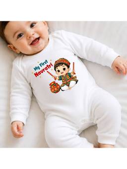 KNITROOT - Unisex Cotton Printed White Round Neck Romper