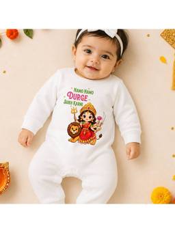 KNITROOT - Unisex Cotton Printed Round Neck White Romper