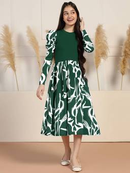 FASHION DREAM - Girls Cotton Blend Abstract Green Midi Dress