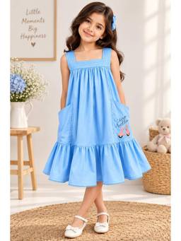 Spunkies - Girls Cotton Embroidered Blue Dress