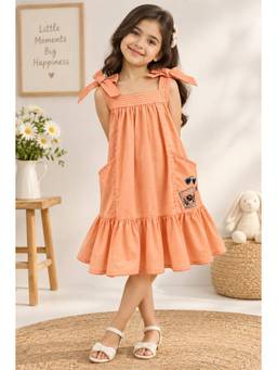 Spunkies - Girls Cotton Embroidered Peach Dress