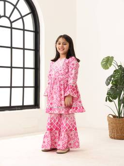 Spunkies - Girls Cotton Abstract Pink Top With Palazzo
