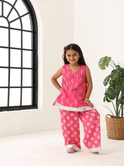 Spunkies - Girls Cotton Printed Pink Top With Palazzo