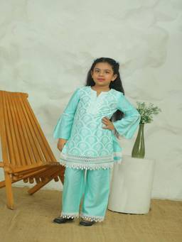 Spunkies - Girls Cotton Embroidered Aqua Top With Palazzo