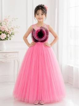 Toy Balloon Kids - Girls Net Self Design Pink Dress