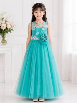 Toy Balloon Kids - Girls Net Self Design Turquoise Dress