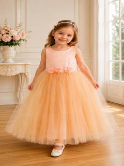 Toy Balloon Kids - Girls Net Self Design Peach Dress