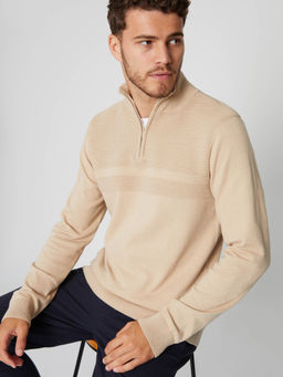 Threadbare - Beige Rib Detail Quarter Zip Jumper
