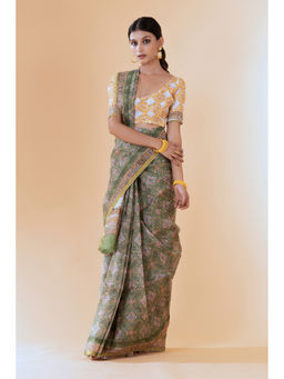 Shilpi Handicrafts - Aheli Olive Green Chanderi Saree With Unstitched