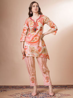 FASHOR - Paisley Printed Embroidered Kurta with Pant (Set of 2)