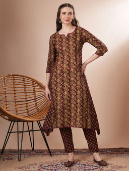 FASHOR - Maroon Floral Printed Kurta with Pant (Set of 2)