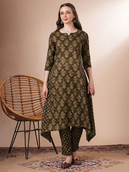 FASHOR - Olive Floral Printed Kurta with Pant (Set of 2)