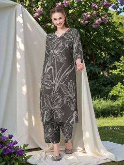 FASHOR - Grey Leaf Printed Kurta with Palazzo (Set of 2)
