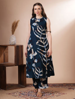 FASHOR - Navy Blue Floral Printed Kurta with Palazzo (Set of 2)