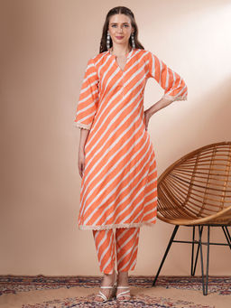 FASHOR - Orange Leheriya Printed Kurta with Pant (Set of 2)