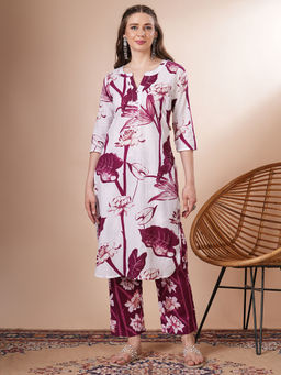 FASHOR - White Floral Printed Kurta with Pant (Set of 2)