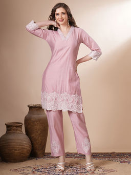 FASHOR - Pink Floral Embroidered Kurta with Pant (Set of 2)