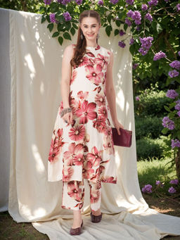 FASHOR - White Floral Printed Kurta with Palazzo (Set of 2)