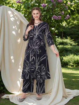 FASHOR - Navy Blue Leaf Printed Kurta with Palazzo (Set of 2)