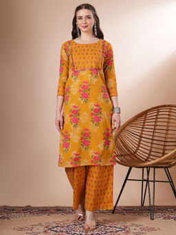 FASHOR - Mustard Floral Printed Kurta with Palazzo (Set of 2)