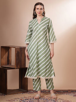 FASHOR - Green Leheriya Printed Kurta with Pant (Set of 2)