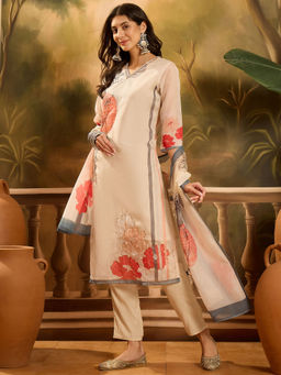 Stylum - Off White Printed and Embroidered Kurta with Pant and Dupatta (Set of 3)