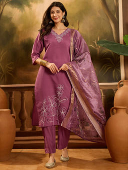 Stylum - Mauve Embroidered Blend Kurta with Pant and Dupatta (Set of 3)