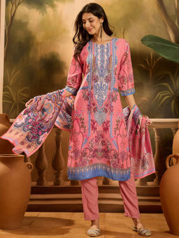 Stylum - Pink Printed Muslin Pakistani Kurta with Pant and Dupatta (Set of 3)