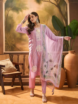 Stylum - Lavender Solid and Embroidered Kurta with Pant and Dupatta (Set of 3)