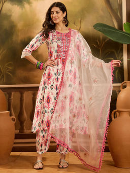 Stylum - White Ikat Printed and Embroidered Kurta with Pant and Dupatta (Set of 3)