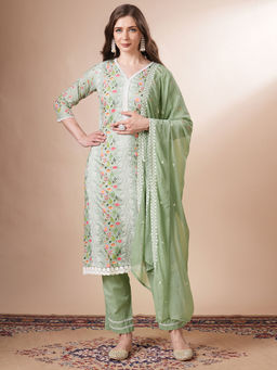 FASHOR - Floral Printed Kurta with Pant and Solid Dupatta (Set of 3)