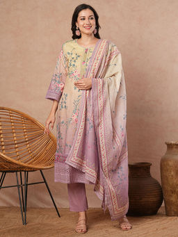 FASHOR - Floral Printed Embroidered Kurta with Pant and Dupatta (Set of 3)