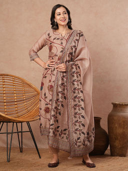 FASHOR - Floral Printed Embroidered Kurta with Pant and Dupatta (Set of 3)