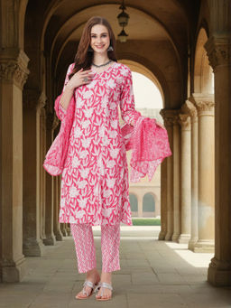 FASHOR - Pink Floral Printed Panelled Kurta with Pant and Dupatta (Set of 3)